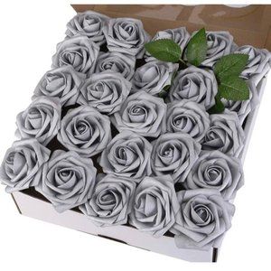 25 pcs Silver Roses Flowers with stems Realistic Floral Grey Wedding Bouquet